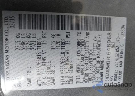 2015 Nissan Pathfinder Sl из США, поврежденный, VIN 5N1AR2MM1FC648968